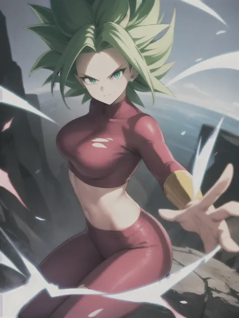 xyzkefla, super_saiyajin, green_hair, green_eyes, 1 , nailed_hair, energy, torn_clothes, joy, aura, leggings, red clothes, drama...