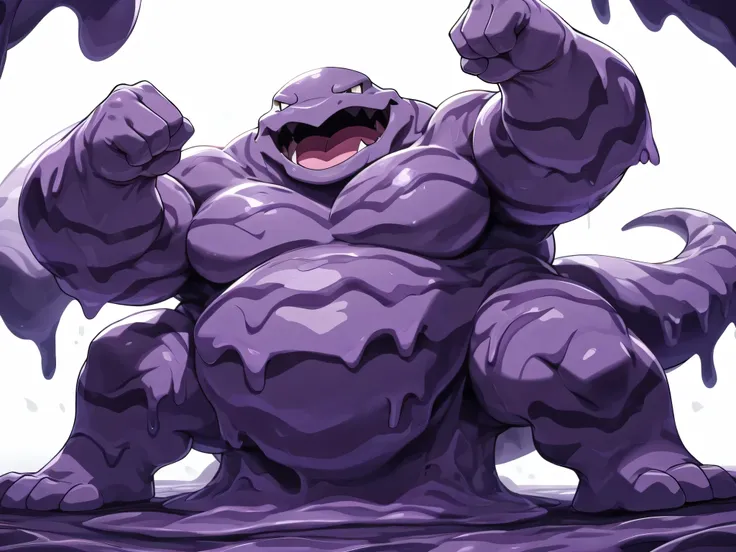 4k ultra quality, 4k full body view,masterpiece quality, Muk, dragon head, animal ears, open mouth, looking down on viewer, heavy weight bulky plump, extremely giant body, wide pectoral, thick tighs, musk, purple poson trail, strong fighting pose, from bel...