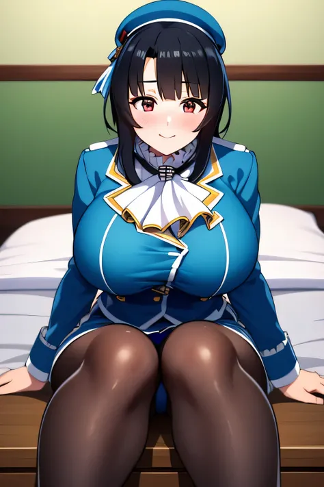 Takao from KanColle、Black bob hair、Beautiful Eyes、Busty、Huge and bouncy breasts、Blushed cheeks、smile、hat、tights、Sitting on bed in bedroom。The art style is、Must resemble a glamorous anime style。

Regarding image quality、（Best Quality、4K、8k、High resolution、m...