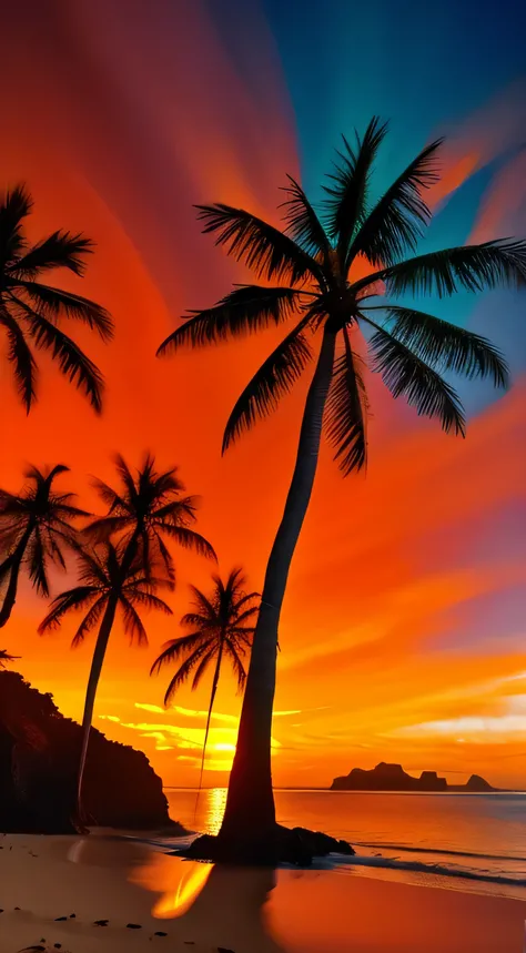 Overlooking a lush tropical island, Gentle waves on the beach, Palm trees, Dense forest in the hills. Dramatic orange sunset.
High Contrast, High saturation, Very detailed, High image quality, masterpiece, Volumetric Light, Light, Vibrant colors, Depth of ...