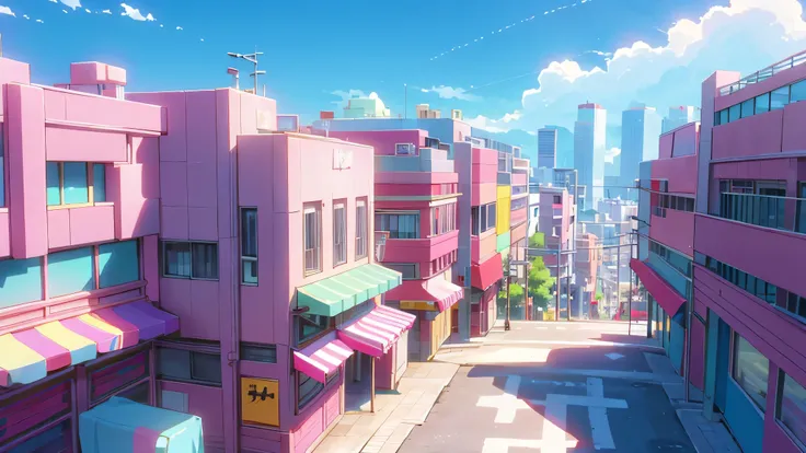 anime modern city , summer blue sky, with colorful buildings , neon and pastel cute shops