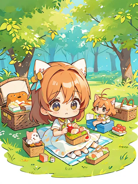 Hermes style, Cute design, The most beautiful woman、(((Chibi)))、(((picnic))), Cute kitten