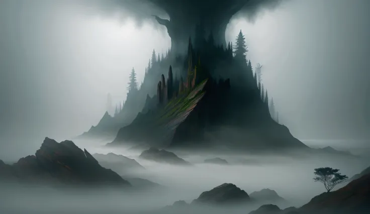 hard fog, surreal nature elements, fantasy elements
