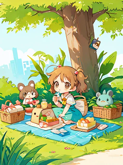 Hermes style, Cute design, The most beautiful woman、(((Chibi)))、(((picnic))), Totoro, drinking