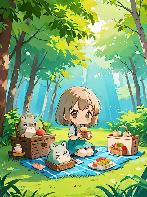 Hayao Miyazaki style, Cute design, The most beautiful woman、(((Chibi)))、(((picnic))), Totoro, drinking