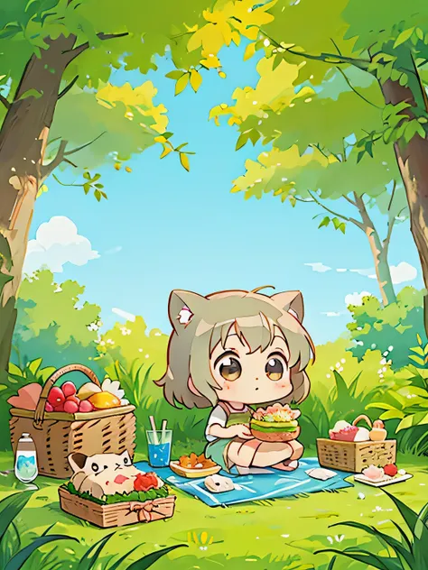 Hayao Miyazaki style, Cute design, The most beautiful woman、(((Chibi)))、(((picnic))), Totoro, drinking