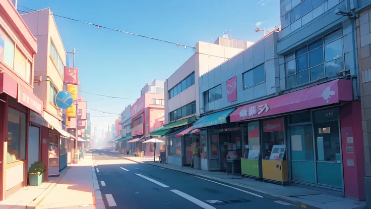 anime modern city, the streets and shops are decorated with pastel decorations, summer blue sky