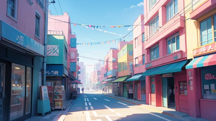 anime modern city, the streets and shops are decorated with pastel decorations, summer blue sky