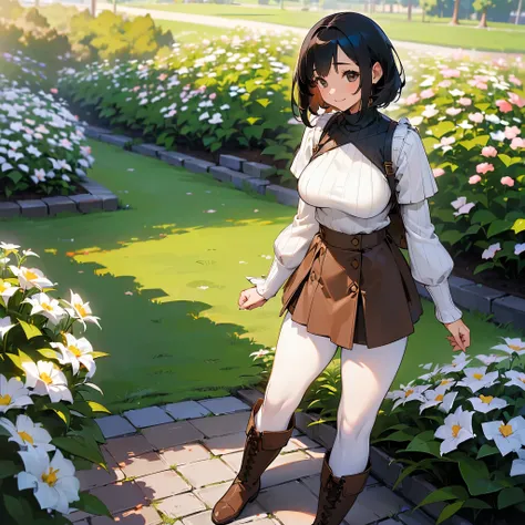 (high quality, High resolution, Very detailed, reality:1.37), Peaceful atmosphere, (Outdoor, garden), Teenage girl standing alone, (My breasts are large.), Beautiful details, Cute Smile, (Black bob hair), Ribbed sweater,Brown skirt, White tights, Brown boo...