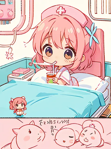 Momoko Sakura style, Cute design, The most beautiful woman、(((Chibi)))、(((drinking))), Hospital room, 子ねこ