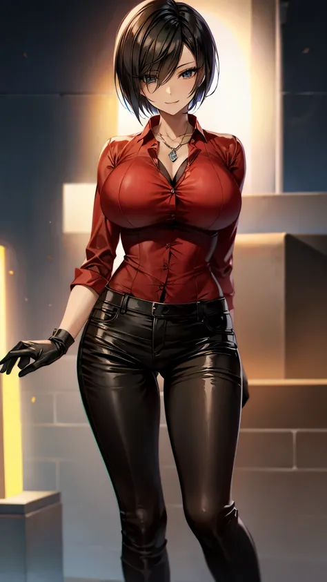 （super high quality,Ultra-high resolution,16k,super masterpiece,Ultra HD ,Detailed shading,）One sexy mature woman,Short black hair with side-swept bangs,A red shirt suit with half sleeves unbuttoned and collared,Cross Necklace,Black long gloves,Tight black...