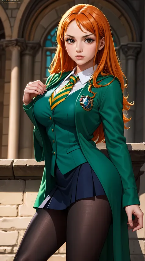 Beautiful orange hair woman is shown to have a sexy figure, She is wearing Hogwarts green witch robes, green robes, jewelry, British green school uniforms under robes, school vest and tie, school skirt, pantyhose, she has orange eyes,Girl is standing in fr...