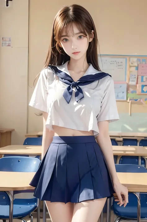 (Ultra HD), (Looking at me), (Short-sleeved sailor uniform, Navy blue mini skirt), Big Breasts, Super beautiful breasts, Slender, (Thin legs:1.2), (Thin thighs:1.2), (Thin Hips:1.4), (Beautiful Skin, Shiny skin, White skin), (Super slim face, Super beautif...