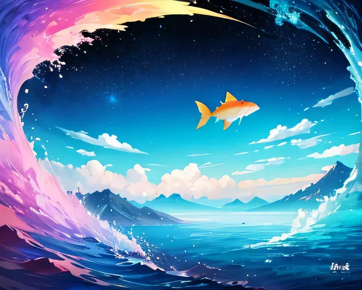 there are two Require fish swimming in the sky, Require fish floating in space, Require The background is mountains and auspicious clouds, floating Require fish, A beautiful art illustration, Require fishes, ( ( ( Require colors ) ) ), Require fish, Two tw...