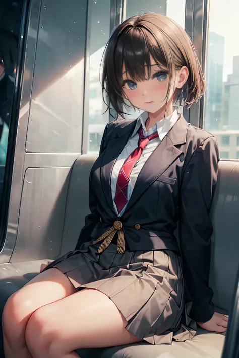 (masterpiece, top quality, realistic, best quality, 8K), 1girl, short hair, blazer, necktie, white collared shirt, skirt, sitting inside a metro, looking upwards, wet cheeks,  (the girl upper body wrapped by hemp rope), (the girl arms tied up behind the ba...