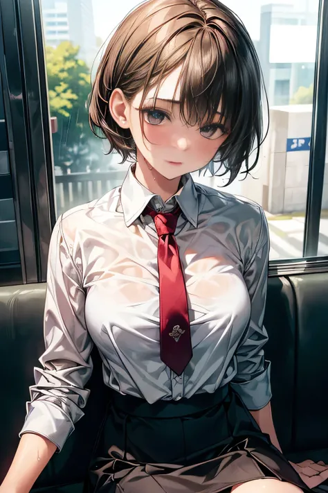 (masterpiece, top quality, realistic, best quality, 8K), 1girl, short hair, blazer, necktie, white collared shirt, skirt, sitting inside a metro, looking upwards, wet cheeks,  (the girl upper body wrapped by hemp rope), (the girl arms tied up behind the ba...