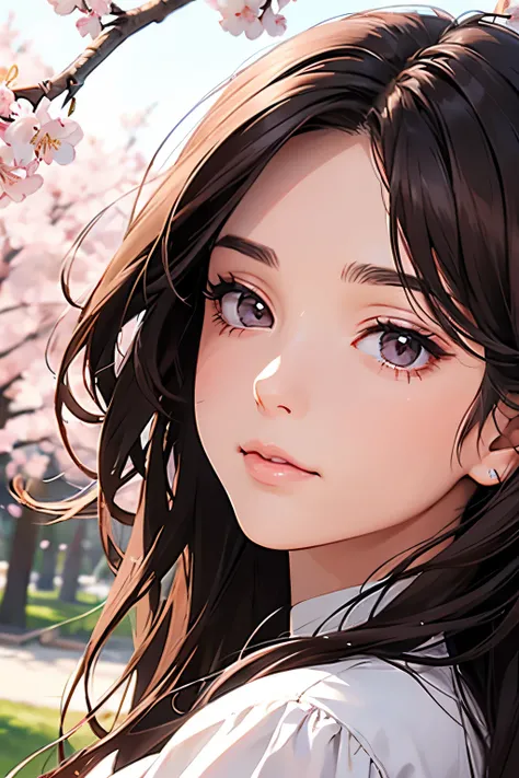 A beautiful woman. Detailed drawing of the face. Mid twenties. Dark brown hair. She looks up at the cherry blossoms with a fleeting expression. Cherry blossom petals are falling in the wind.