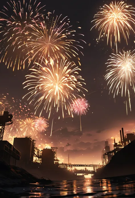 from below, huge iridescent sepia fireworks, background colorfully lit up industrial area along the coast