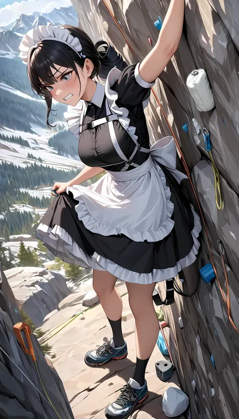 black hair, drill hair, maid headdress, clenched teeth, speed lines, ((masterpiece)), accurate, textured skin, ((super detail)), high quality, high details, highres, best quality, Maid, maid outfit, Maid Apron, (Rock climbing), climbing shoes, chalk, chalk...