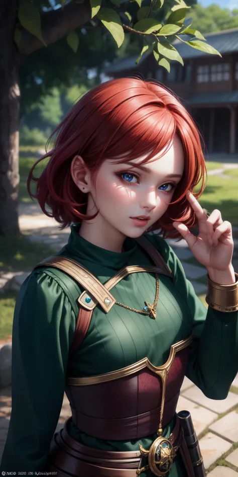 best quality, ultra high resolution, (photorealistic), anime character, 8k resolution, girl, medieval, short red hair, (ultra realistic hair), (ultra realistic eyes), (beautiful face) super detailed, beautiful eyes, beautiful mouth, small breasts, perfect ...