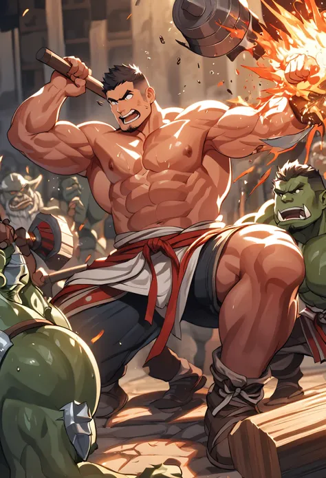 masterpiece, best quality, japanese, big breasts, muscular, topless, heat, dungeon, fighting an orc, hammer