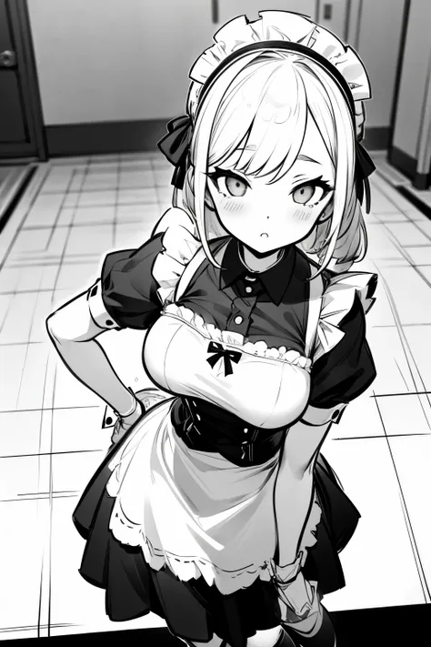 viewing angle, random pose, maid, maid costume, 1 girl, girl, monochrome, thick line