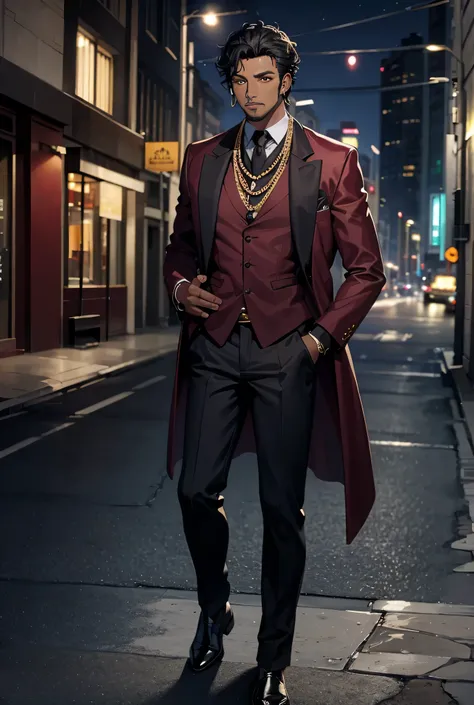 30 year old man dark skin short curly black hair, yellow eyes , gold earrings and necklaces with a burgundy blazer and burgundy pants 