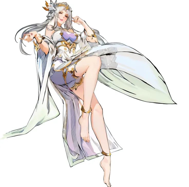 A cartoon image of a woman wearing a white dress and a crown, powder, Anime Goddess, lady powder, White-haired gods, Masterpiece Goddess of Sorrow, the goddess artemis smirking, powder smash, ((Beautiful fantasy queen)), Full body fairy, Knight girl of the...