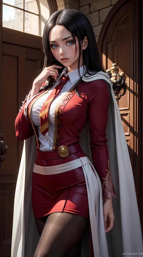 Beautiful black hair woman is shown to have a sexy figure, She is wearing Hogwarts red witch robes, red robes, jewelry, British red school uniforms under robes, school vest and tie, school skirt, pantyhose, she has blue eyes,Girl is standing in front of ca...