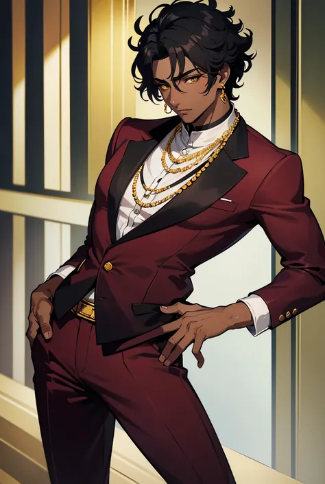 30 year old man dark skin short curly black hair, yellow eyes , gold earrings and necklaces with a burgundy blazer and burgundy pants 