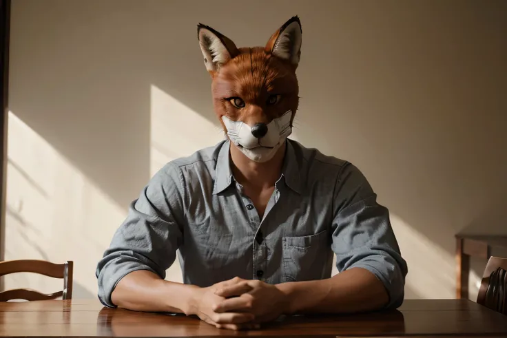 Man, wearing fox mask, Asian, muscular, 20 years old, covering face with hands, hands back on chin, hands covering face, fair skin, button-down shirt, sitting at table, front view, high resolution, high quality