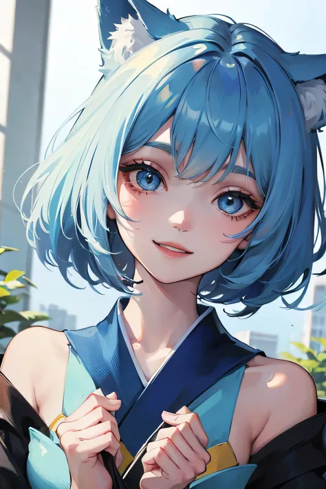 One Girl, Bobcut、Short Hair, smile, Light blue hair, , Fox Ears, smile, blue eyes、kimono、Innocence、