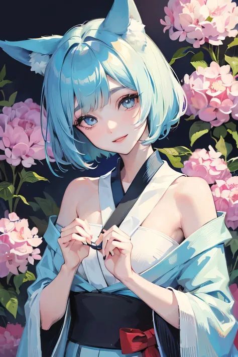 One Girl, Bobcut、Short Hair, smile, Light blue hair, , Fox Ears, smile, blue eyes、kimono、Innocence、