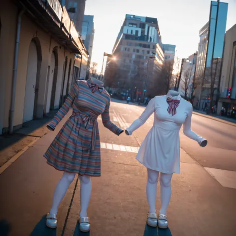 in crowded city, white_leggings, m3gan 1girl, solo, beige dress, striped sleeves, big bowtie, multicolored bowtie, white pantyho...