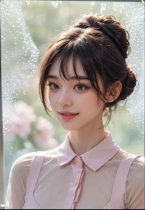  Ultra-high resolution，High-resolution details，4k photo real,((Frosted Glass Portrait:1.4)),22 years old,1 girl,((Half-up chignon hairstyle with pastel-colored UNIQLO collared dress:1.4)),((Smiling with teeth showing)),8k,((Face Focus:1.2)),thinウエスト,thin脚,...