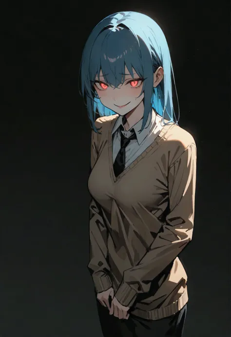 (masterpiece:1.2, The best quality), 1 woman, upper body, long sweater down to her buttocks, black tie, casual, medium breasts, blue hair, Minimalist makeup,pale,natural fabrics, close up of face, evil smile, bright red eyes circular pupils,8k high resolut...