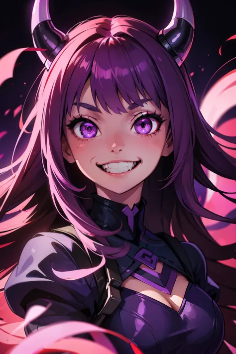 a girl with purple eyes, evil smile and glowing eyes, with glowing purple eyes, with glowing eyes, with glowing purple eyes, glowing purple eyes, glowing purple eyes, glowing purple eyes, scary smile, horror smile, scary smile, glowing eyes everywhere, evi...