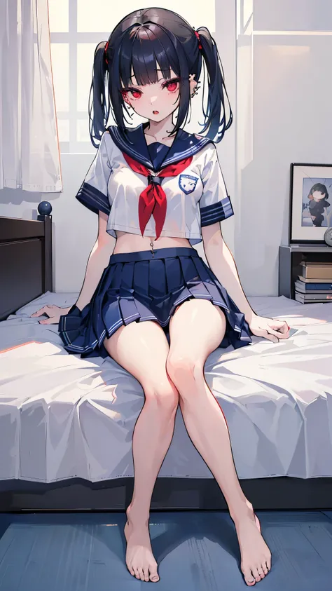 ((masterpiece、Best Quality、Very detailed))、One Girl、Black Hair、Two Side Up、blunt bangs、Red eyes、((open mouth))、((lots of piercing))、Small breasts、((school uniform))、((Short sleeve))、、belly button、((Navy blue pleated skirt))、barefoot、wariza、Sit flat、On the ...