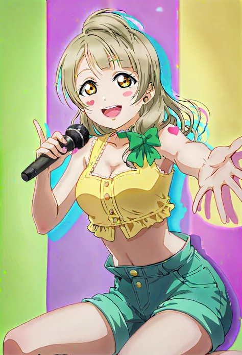 masterpiece, best quality,8k wallpaper , love live art style, minami kotori love live, big expressive brown eyes and cheerful smile, wearing green and yellow bikini top with heart design, overalls with one strap down, stylized in Love Live! School Idol Pro...