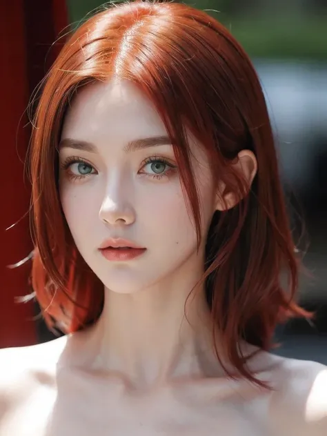 Woman red hair, green eyes  