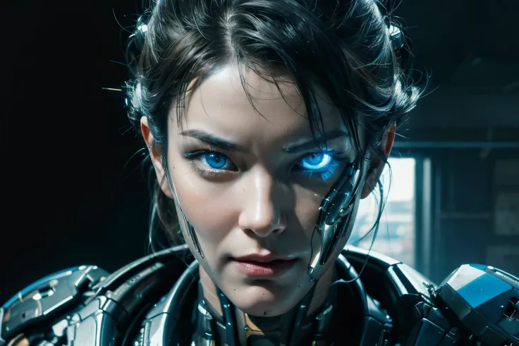 a close up of a face with a digital background, detailed face of an android, robot with human face, close-up portrait of cyborg, cyberpunk face, cyborg in the data center, portrait of cyborg, evil artificial intelligence, detailed portrait of a cyborg, por...