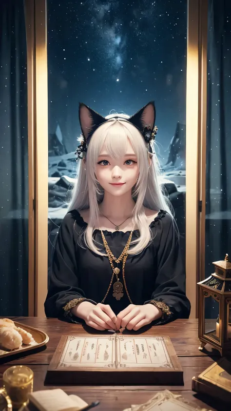 
(masterpiece, highest quality, highest quality, official art, beautiful and aesthetic: 1.2), (one girl: 1.3), wavy long hair, white hair, Cat ears on the head,highly detailed portrait, highly detailed hands, looking at the viewer, alone, (whole body: 0.6)...