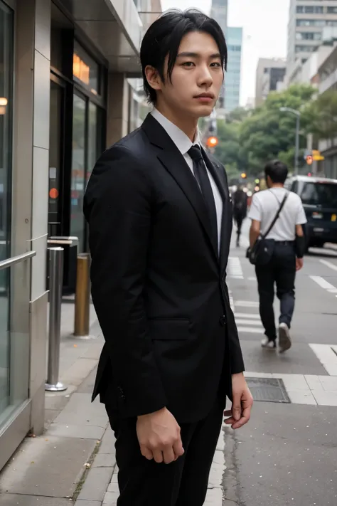  image of a Korean man standing,  He must have medium length black hair., divided in half,  with a style reminiscent of anime characters. The man must be wearing a smart suit .He has fair skin The background should show Paulista Avenue, with urban elements...