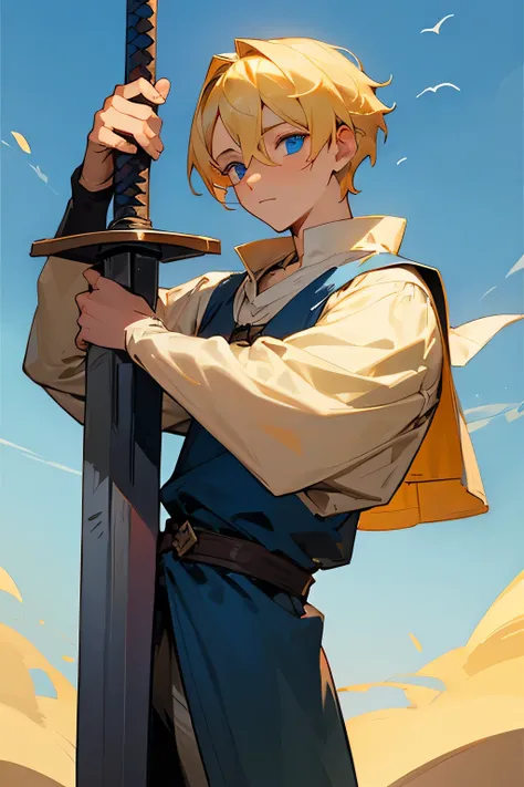 A boy, with blonde hair and blue eyes in medieval clothes, using a big sword