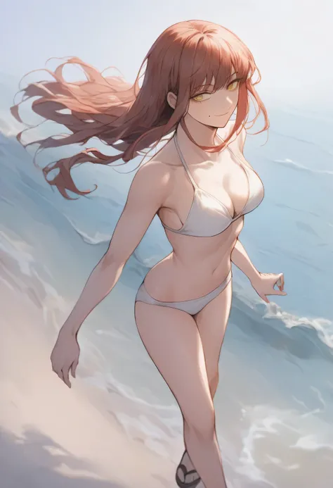 masterpiece, best quality, ultra-detailed,makima (chainsaw man), red hair, black eyes, loose hair, hair down, very long hair, light blush, breasts, white bikini, sandals, walking, beach background, light smile, mole under eye, mole under mouth