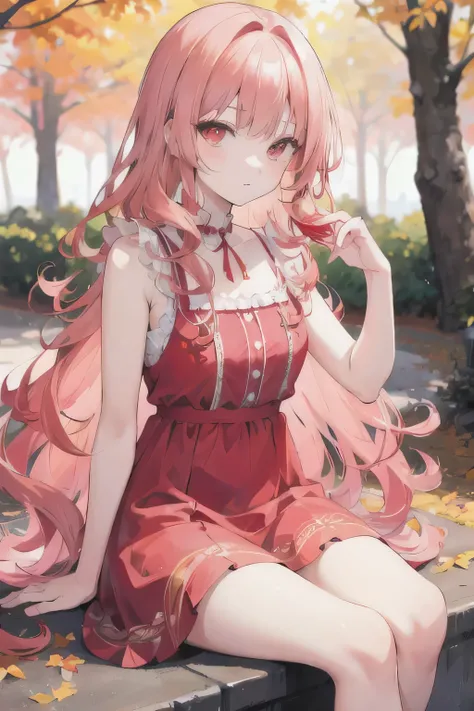 red-blonde-hair,pink-dress,girl,curly-long-hair,sitting,park,red-eyes