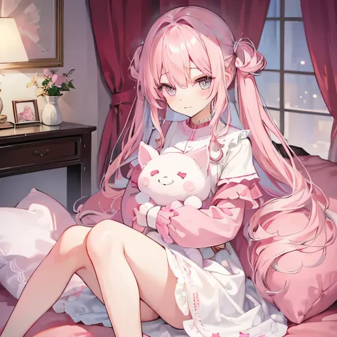 1girl,pink-ta-dress,whitish-pink-curly-long,hair,pinkish-bedroom,hugging-a-heartshape-softtoy,sitting,pink-gaming-chair