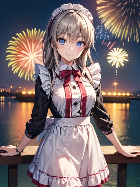 best quality, very high quality,tomori,one girl、(anime illustration style:1.2),night port、attractive night sky、(空に沢山のfirework:1....