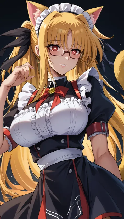 Gold Hair、Mature Woman、Fate Testarossa、Red eyes、heart-shaped pupils、Shiny Hair、big breasts、Tight waist、Small waist、Glowing Skin、Gothic maid、Glasses、Cat ears、Cat_tail、eight-headed body、Beauty、Light smile、Shame、