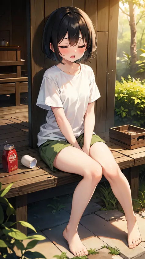 forest,shrine,Close your eyes,1. small ,short hair,Black Hair,blush,White T-shirt and olive green shorts,barefoot,White skin,summer,shy,sweat,Open your mouth,sun,Wet,Looks hot,Put your hands between your legs,sit,Sigh,saliva,